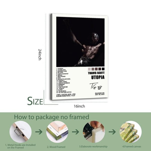 Travis Scott Utopia framed poster showing complete 19-track album listing with professional framing and packaging instructions for canvas prints