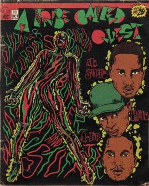 Vintage A Tribe Called Quest comic book cover featuring Q-Tip, Phife Dawg, and Ali Shaheed Muhammad with skeletal figure in classic 90s comic art style