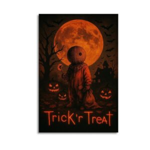 Trick 'r Treat Sam character horror movie poster featuring iconic burlap sack head figure with Halloween moon and pumpkins