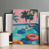 Tropical swimming pool canvas art featuring colorful pool floats, palm trees and pink sunset sky for modern home decor.