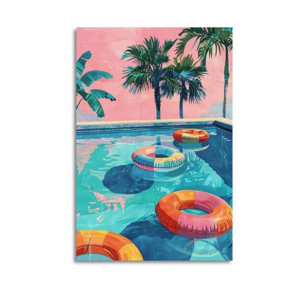 Tropical paradise canvas art featuring swimming pool with colorful inflatable rings, palm trees, and pink sunset sky for summer home decor.