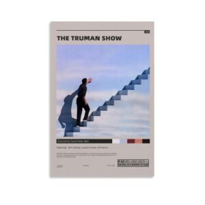 The Truman Show minimalist movie poster featuring Jim Carrey silhouette climbing stairs against dreamy sky backdrop