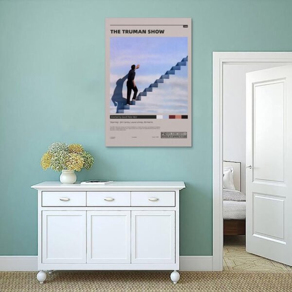 The Truman Show movie poster displayed as wall art in mint green minimalist bedroom with white furniture