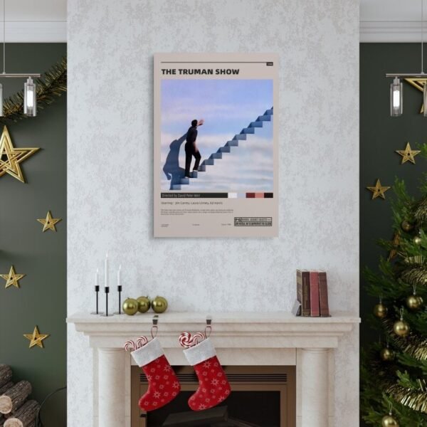 The Truman Show movie poster displayed as wall art above fireplace in Christmas-decorated living room