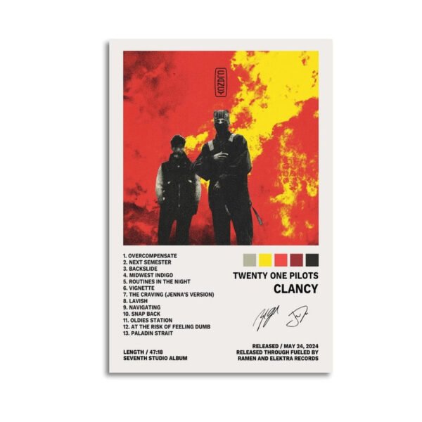 Twenty One Pilots Clancy album official artwork poster featuring dramatic red and yellow design with complete 13-track listing from their seventh studio album