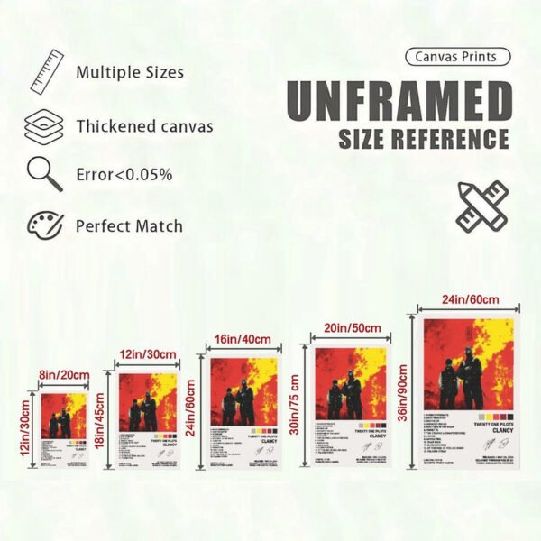 Twenty One Pilots Clancy album canvas print size reference chart showing multiple dimensions from 8 inches to 24 inches with quality specifications