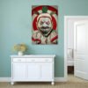 Twisty the Clown canvas wall art from American Horror Story displayed above white sideboard in minimalist mint green room