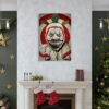 Twisty the Clown canvas wall art displayed above white fireplace in elegant Christmas-decorated living room with dark green walls and gold star decorations