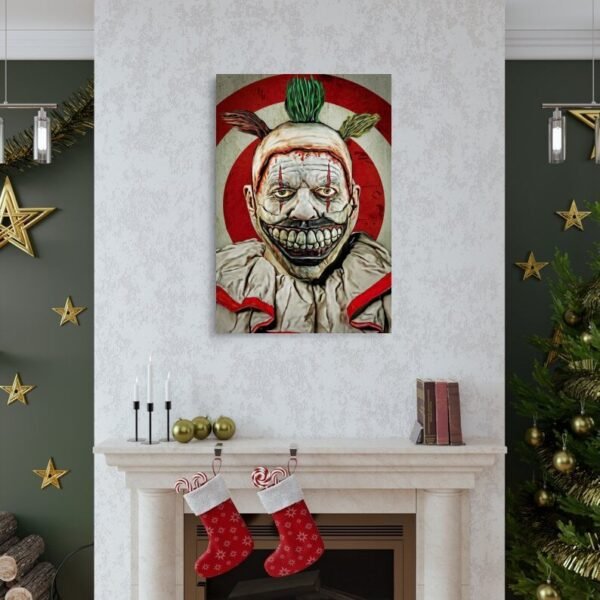 Twisty the Clown canvas wall art displayed above white fireplace in elegant Christmas-decorated living room with dark green walls and gold star decorations