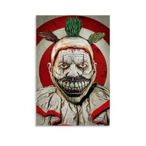 Twisty the Clown canvas print from American Horror Story featuring grotesque smile and green mohawk against red striped background