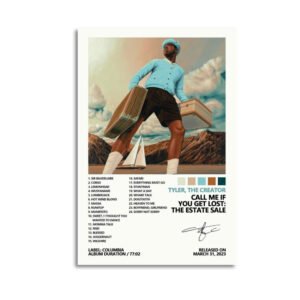 Tyler The Creator Call Me If You Get Lost The Estate Sale album poster featuring surreal vintage artwork with figure carrying suitcases against mountain landscape Columbia Records March 2023 release 24 track listing