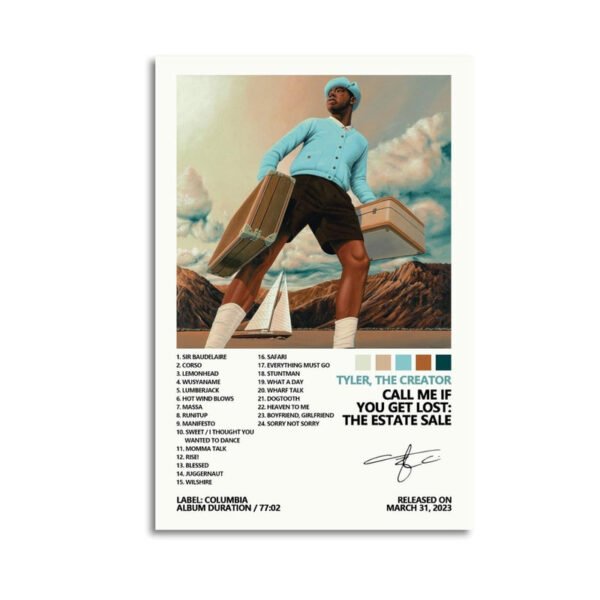 Tyler The Creator Call Me If You Get Lost The Estate Sale album poster featuring surreal vintage artwork with figure carrying suitcases against mountain landscape Columbia Records March 2023 release 24 track listing