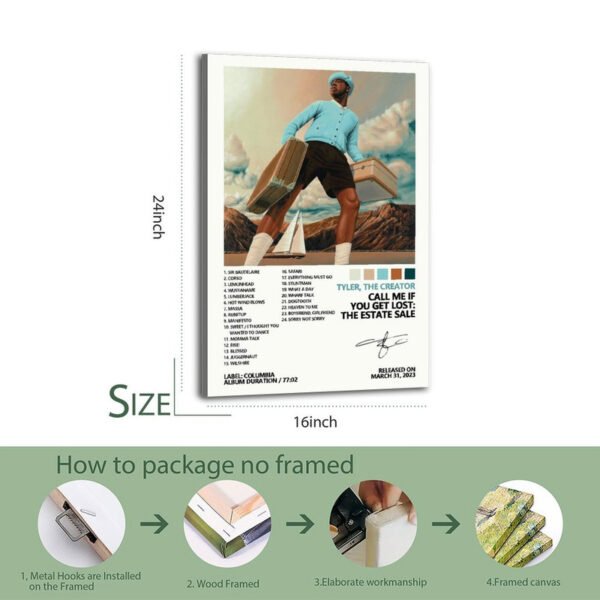 Tyler The Creator Call Me If You Get Lost Estate Sale canvas print size comparison showing 16inch and 24inch options with 4-step packaging process including metal hooks wood framing and elaborate workmanship Columbia Records 2023