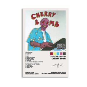 Tyler The Creator Cherry Bomb album cover poster featuring pink ski mask character with track listing and 2015 release information