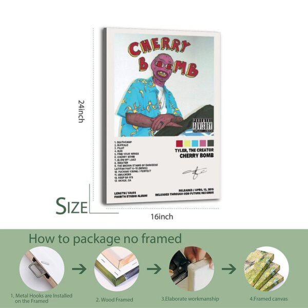 Tyler The Creator Cherry Bomb framed canvas print 24 inch wood frame with metal hooks packaging process ready to hang wall art