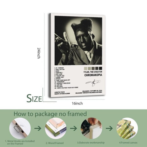 Tyler The Creator Chromakopia 16-inch album poster with complete track listing and professional framing packaging instructions guide