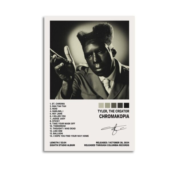 Tyler The Creator Chromakopia album poster featuring black and white portrait with complete 14-track listing from eighth studio album released October 2024