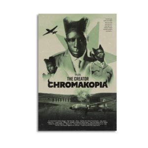 Tyler The Creator CHROMAKOPIA album poster featuring military propaganda aesthetic with vintage aircraft imagery, multiple artist portraits in uniform, and complete tracklist including collaborations with Daniel Caesar, Lil Wayne, and Schoolboy Q