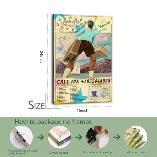 Tyler The Creator Call Me If You Get Lost Estate Sale poster 16x24 inch with unframed packaging process showing metal hooks wood frame installation steps