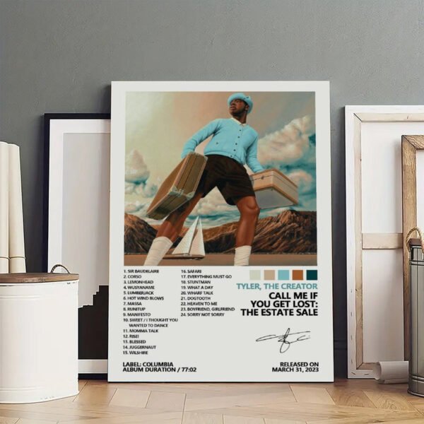 Tyler The Creator Call Me If You Get Lost The Estate Sale album poster displayed in bright artist studio with complete tracklist, Columbia Records 2023 release, surrounded by art supplies and frames