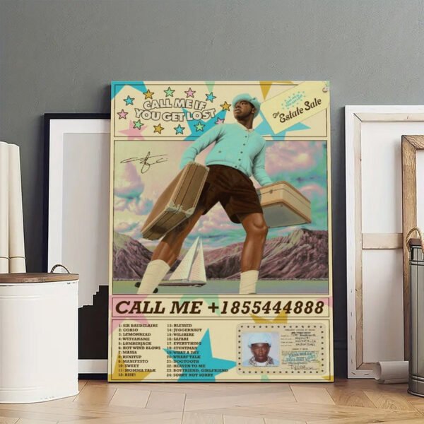 Tyler The Creator Call Me If You Get Lost Estate Sale poster with 24-track listing displayed in modern minimalist interior setting with wooden floors and white frames
