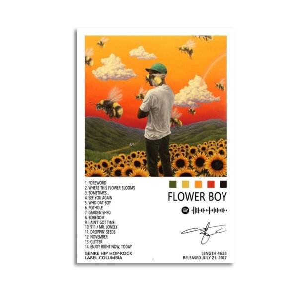 Tyler Creator Flower Boy album poster featuring sunflower field artwork with complete tracklist