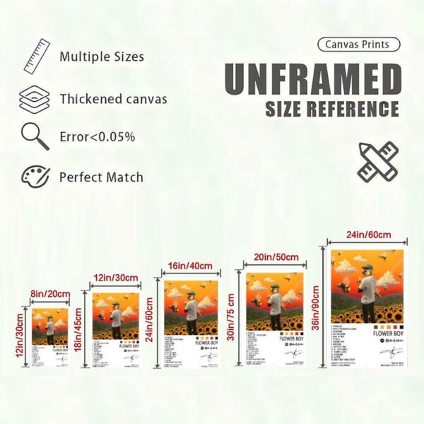 Tyler Creator Flower Boy canvas print size chart showing 5 dimensions from 8x12 to 24x36 inches with quality specifications