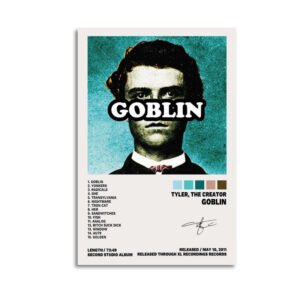 Tyler The Creator Goblin album poster featuring vintage portrait with turquoise background, complete 15-track listing, and XL Recordings release information from 2011