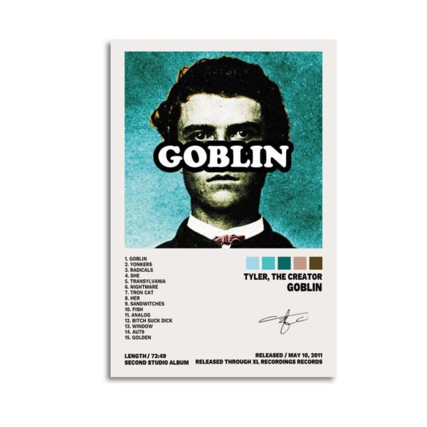 Tyler The Creator Goblin album poster featuring vintage portrait with turquoise background, complete 15-track listing, and XL Recordings release information from 2011