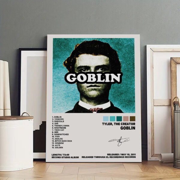 Tyler The Creator Goblin album poster displayed in artist studio with complete 15-track listing and album details from 2011 XL Recordings release