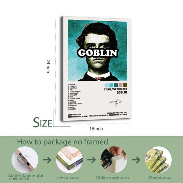 Tyler The Creator Goblin album unframed canvas print with step-by-step packaging and installation guide showing metal hooks, wood framing, and mounting instructions