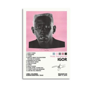 Tyler The Creator IGOR album poster featuring black white portrait platinum blonde hair pink background 12 track listing Columbia Records Grammy winning 2019