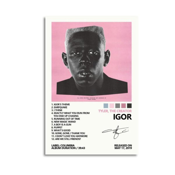 Tyler The Creator IGOR album poster featuring black white portrait platinum blonde hair pink background 12 track listing Columbia Records Grammy winning 2019