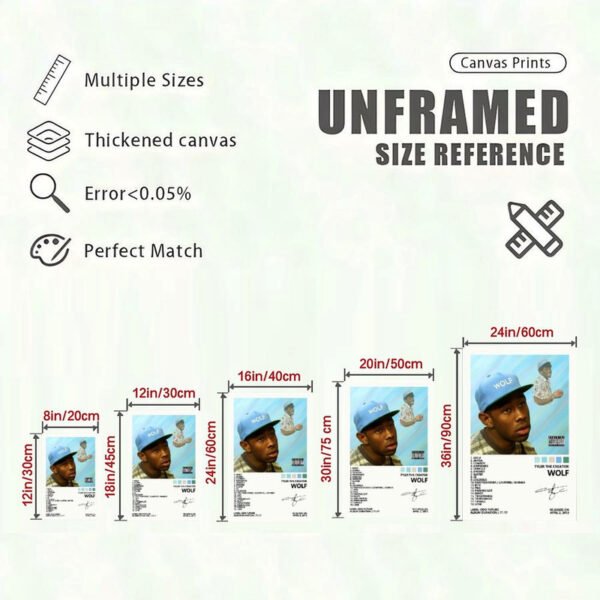 Tyler The Creator WOLF album canvas print size reference chart showing 5 different dimensions from 8x12 inches to 24x36 inches with thickened canvas specifications