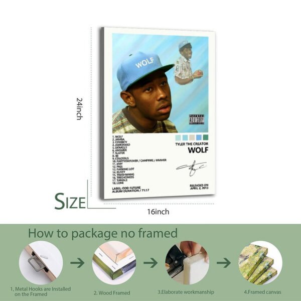 Tyler The Creator WOLF album poster 16x24 inch with complete 18-track tracklist and 4-step professional packaging process including metal hooks and wood framing options