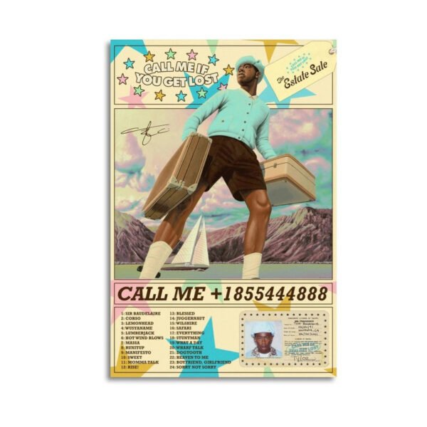 Tyler The Creator Call Me If You Get Lost Estate Sale album poster featuring vintage travel aesthetic with complete 24-track listing and dreamy mountain landscape background
