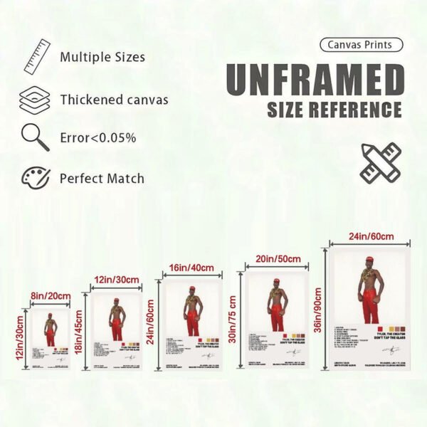 A size reference guide for the unframed "Don't Tap The Glass" canvas poster, showing multiple dimensions and highlighting product features like thickened canvas and high-quality printing.