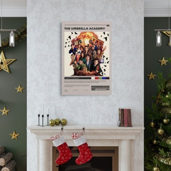 The Umbrella Academy Netflix poster displayed as Christmas home decor above fireplace in festive living room with holiday decorations