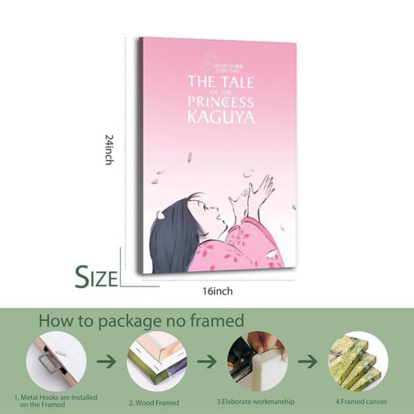 Princess Kaguya 16x24 inch canvas print with step-by-step unframed packaging and installation guide showing wood framing process.