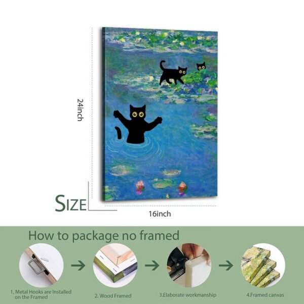 16x24 inch unframed canvas print of cat artwork with detailed packaging process showing metal hooks, wood framing, workmanship, and final canvas preparation.