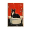 Vintage poster featuring black and white tuxedo cat sitting in cream bathtub against red tiled bathroom wall with brass fixtures.