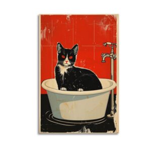 Vintage poster featuring black and white tuxedo cat sitting in cream bathtub against red tiled bathroom wall with brass fixtures.