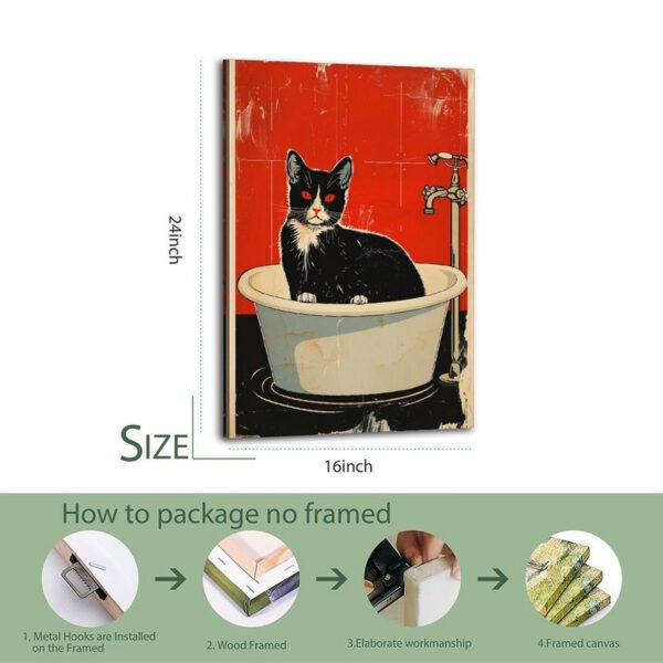 16x24 inch vintage cat bathtub canvas print with professional unframed packaging process demonstration showing four-step shipping method.