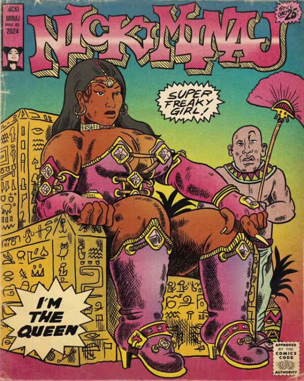 Vintage comic book style poster featuring Egyptian queen theme with hieroglyphic decorations and retro comic book aesthetics for wall art decoration