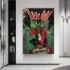 Vintage horror comic book poster displayed as wall art in modern minimalist living room with built-in shelving and marble floors