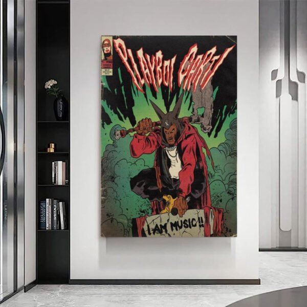 Vintage horror comic book poster displayed as wall art in modern minimalist living room with built-in shelving and marble floors
