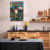 Vintage comic book poster displayed in modern Scandinavian kitchen with wood cabinets and minimalist design