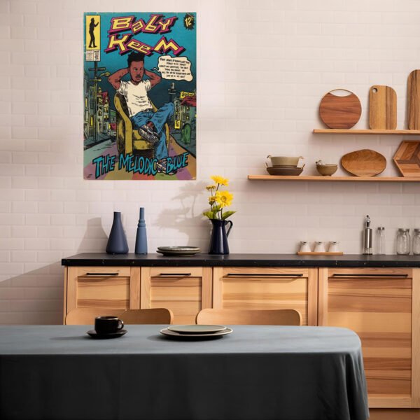 Vintage comic book poster displayed in modern Scandinavian kitchen with wood cabinets and minimalist design