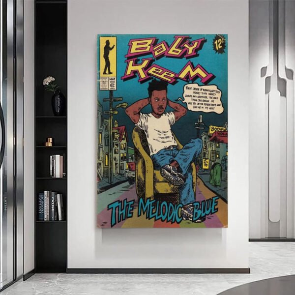 Vintage comic book style poster displayed in modern minimalist interior with built-in bookshelf and contemporary design elements
