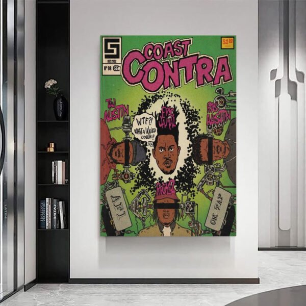 Vintage Coast Contra comic book wall art displayed in modern minimalist interior with built-in shelving and contemporary design elements.